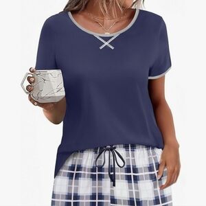 Women's Navy Short Sleeve Plaid Pajama Short Set